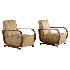 Pair of Danish Curved Art Deco Lounge Chairs, Armrest in Walnut, Made in 1930s