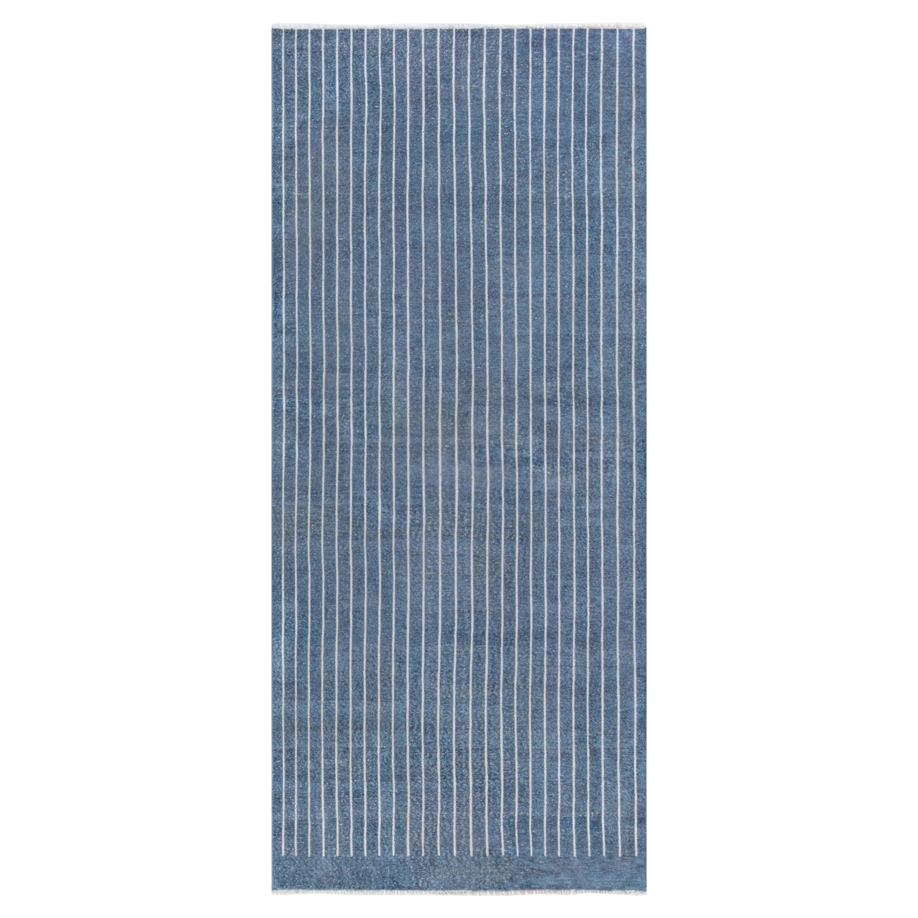 Contemporary Striped Blue and White Hand Knotted Runner by Doris Leslie Blau For Sale