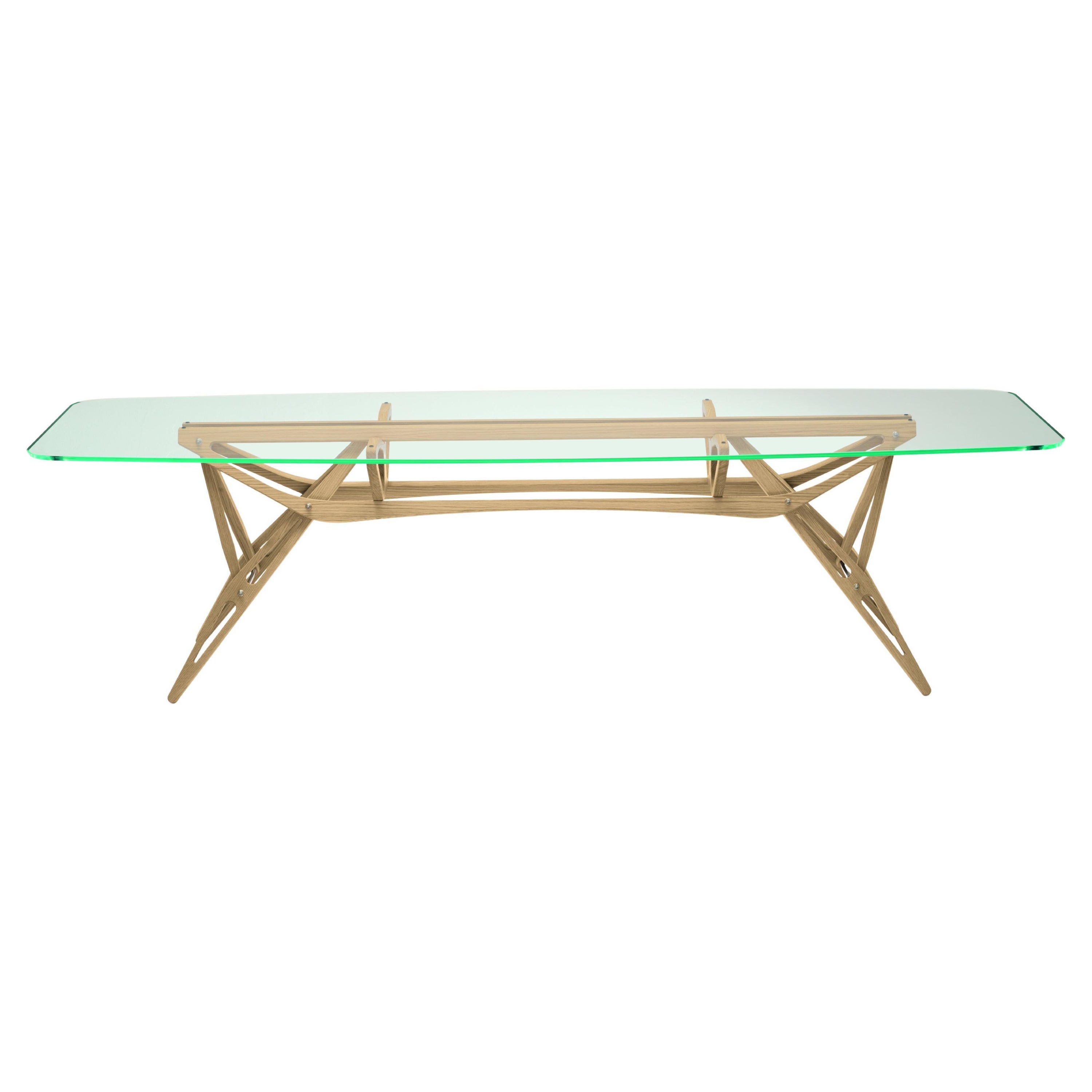 Grande table Zanotta Reale CM avec plateau en verre transparent et cadre en chêne naturel