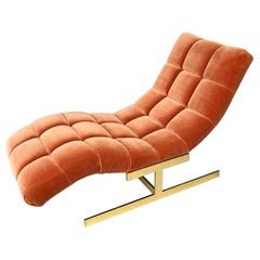 Milo Baughman Style Tufted Velvet and Brass Wave Chaise 1970s