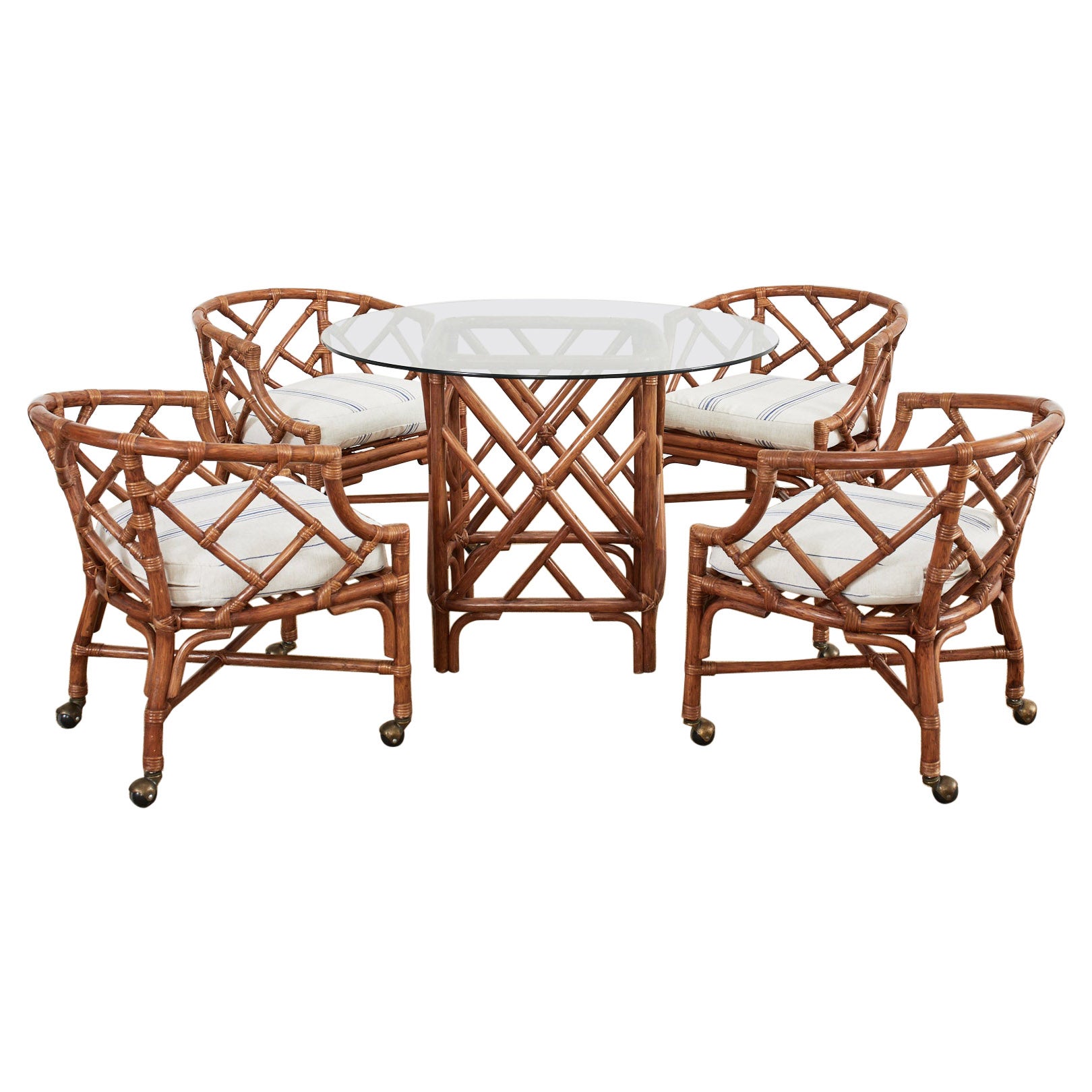 Chinese Chippendale Style Rattan Barrel Dining Chairs and Table