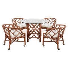Chinese Chippendale Style Rattan Barrel Dining Chairs and Table