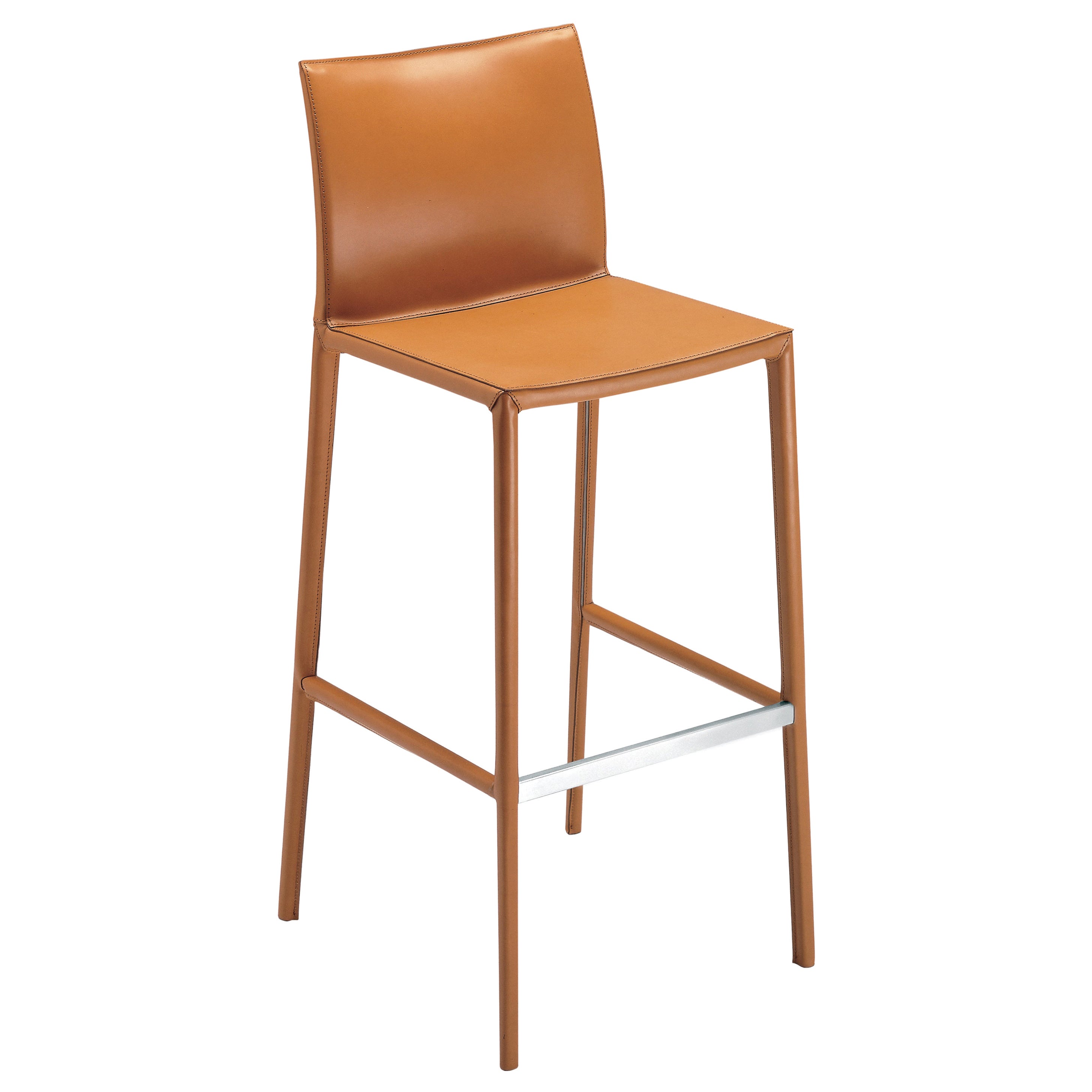 Zanotta Large Leo Stool in Brown Leather Upholstery and Aluminum Frame