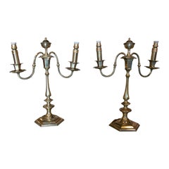 Pair of Table Lamps Made with Bronze Candlesticks
