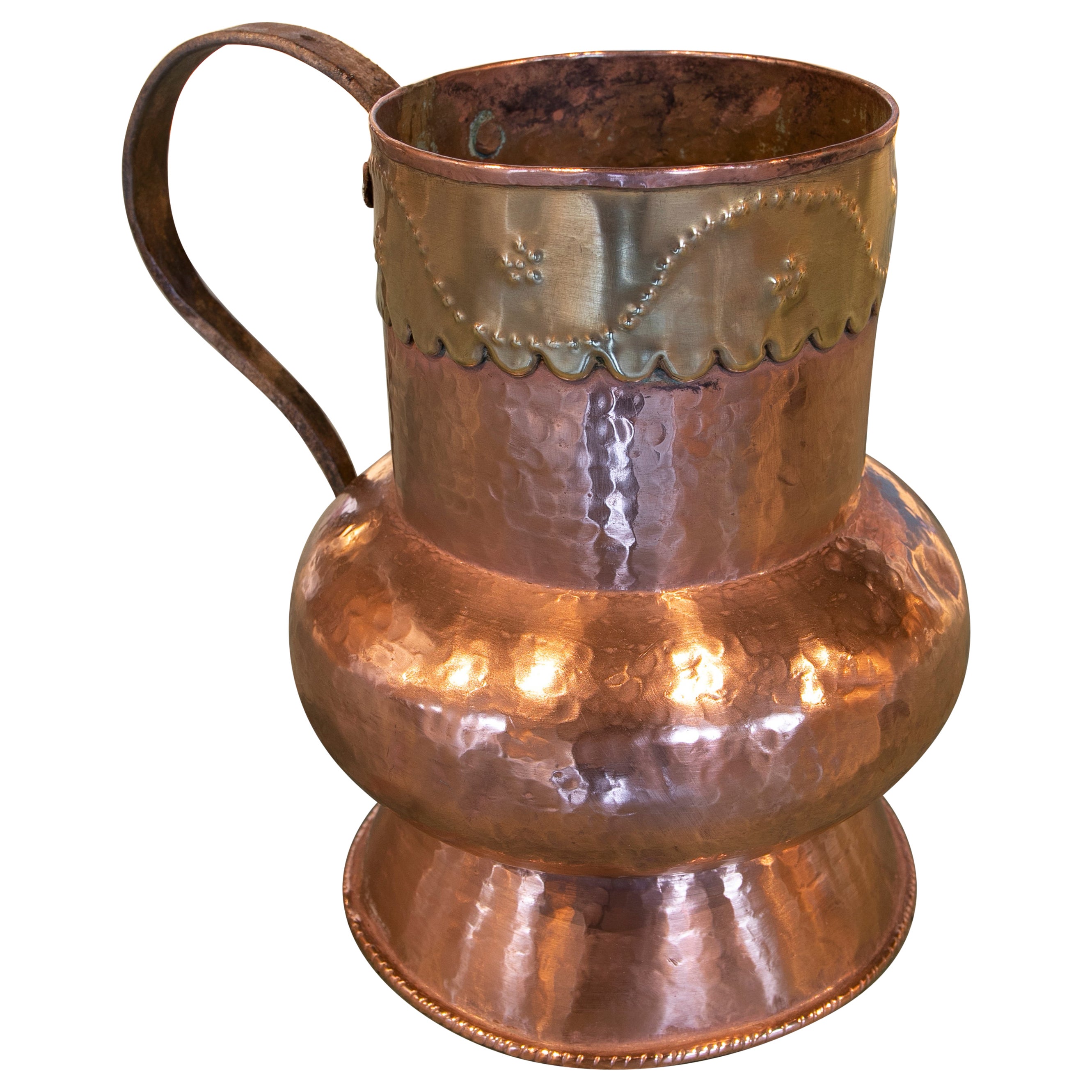 Spanish Brass Jug Decorated with Embossed Skirt on the Top For Sale