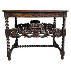 Antique French Carved Sofa Center Table Barley Twist Renaissance Cherub Dark Oak