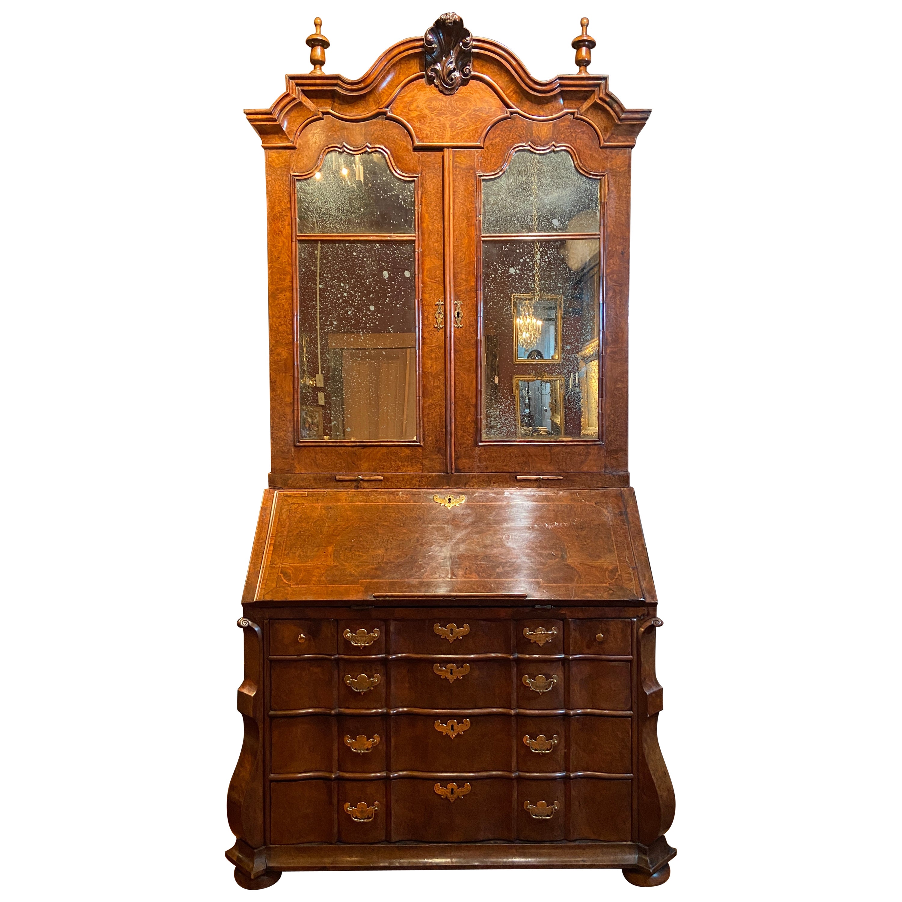 Antique 18th Century Dutch Burled Walnut Secretary Bookcase with Antique Mirror For Sale