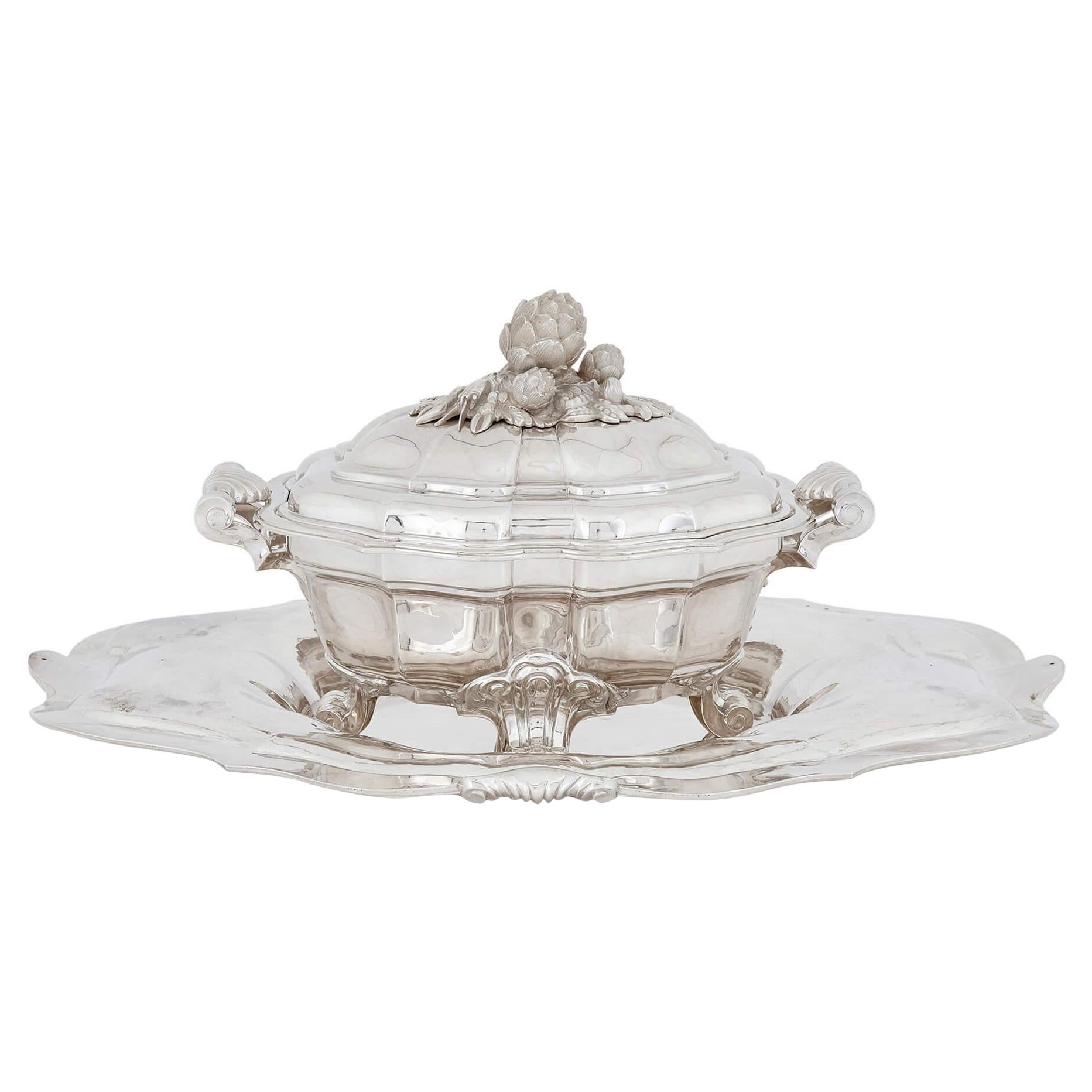French Solid Silver Sauce Tureen and Tray by Tétard For Sale