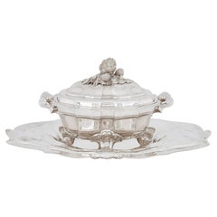 French Solid Silver Sauce Tureen and Tray by Tétard