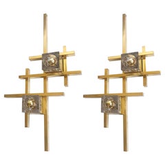 Mid Century Modern Brass and Glass Large Sconces, Sciolari Style, a Pair