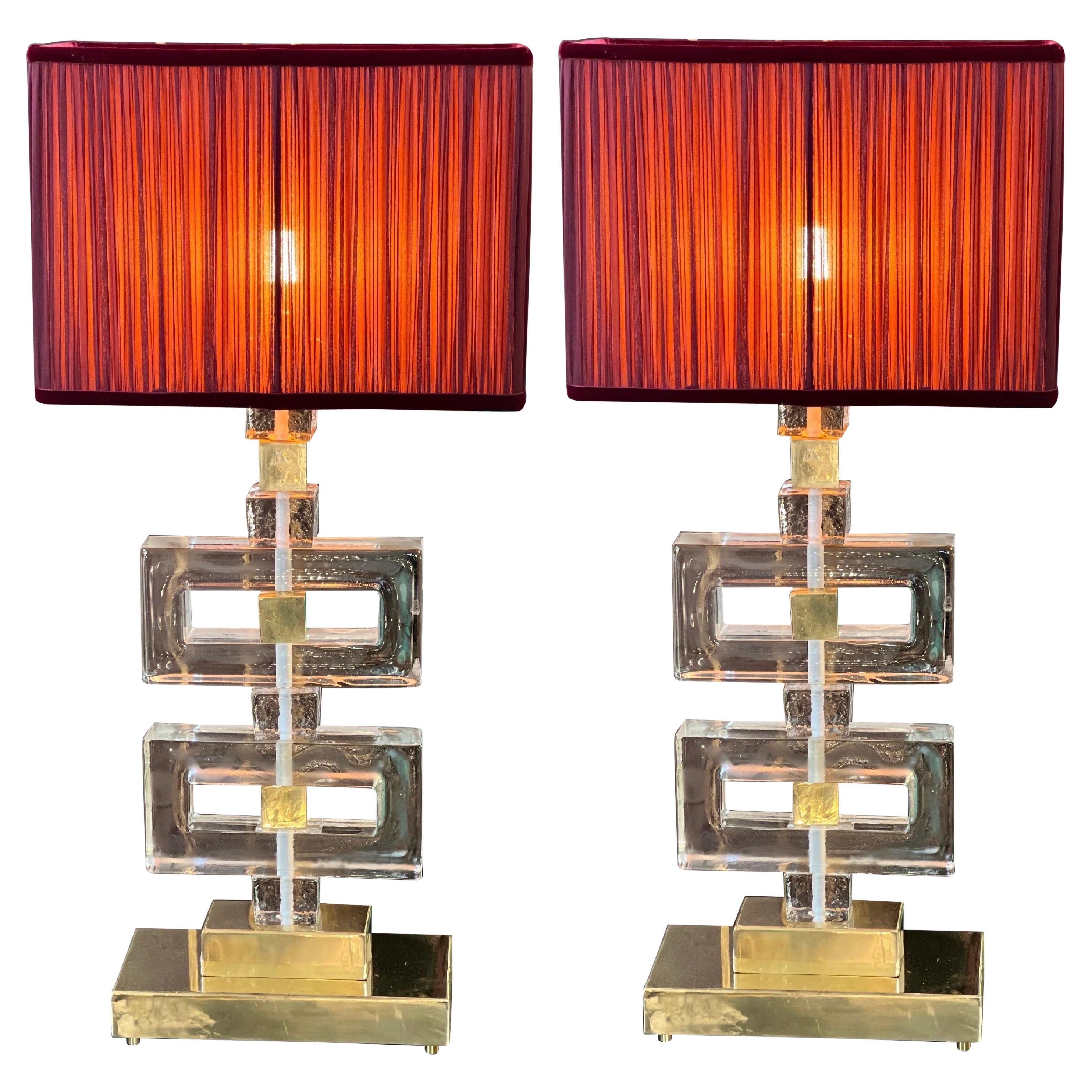 Pair of Pink Murano Glass Blocks Lamps and Our Handcrafted Lampshades