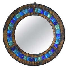 Italian Brutalist Hammered Gilt Iron and Colored Glass Wall Mirror, ca. 1960