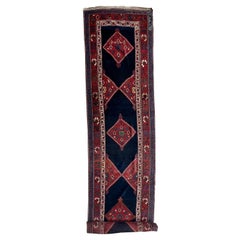 Long Vintage Persian Runner with Navy Blue Field