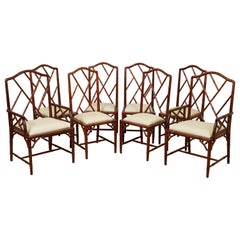 Very Stunning Set of 8 Vintage Bamboo Dinning Chairs with White Fabric Seating