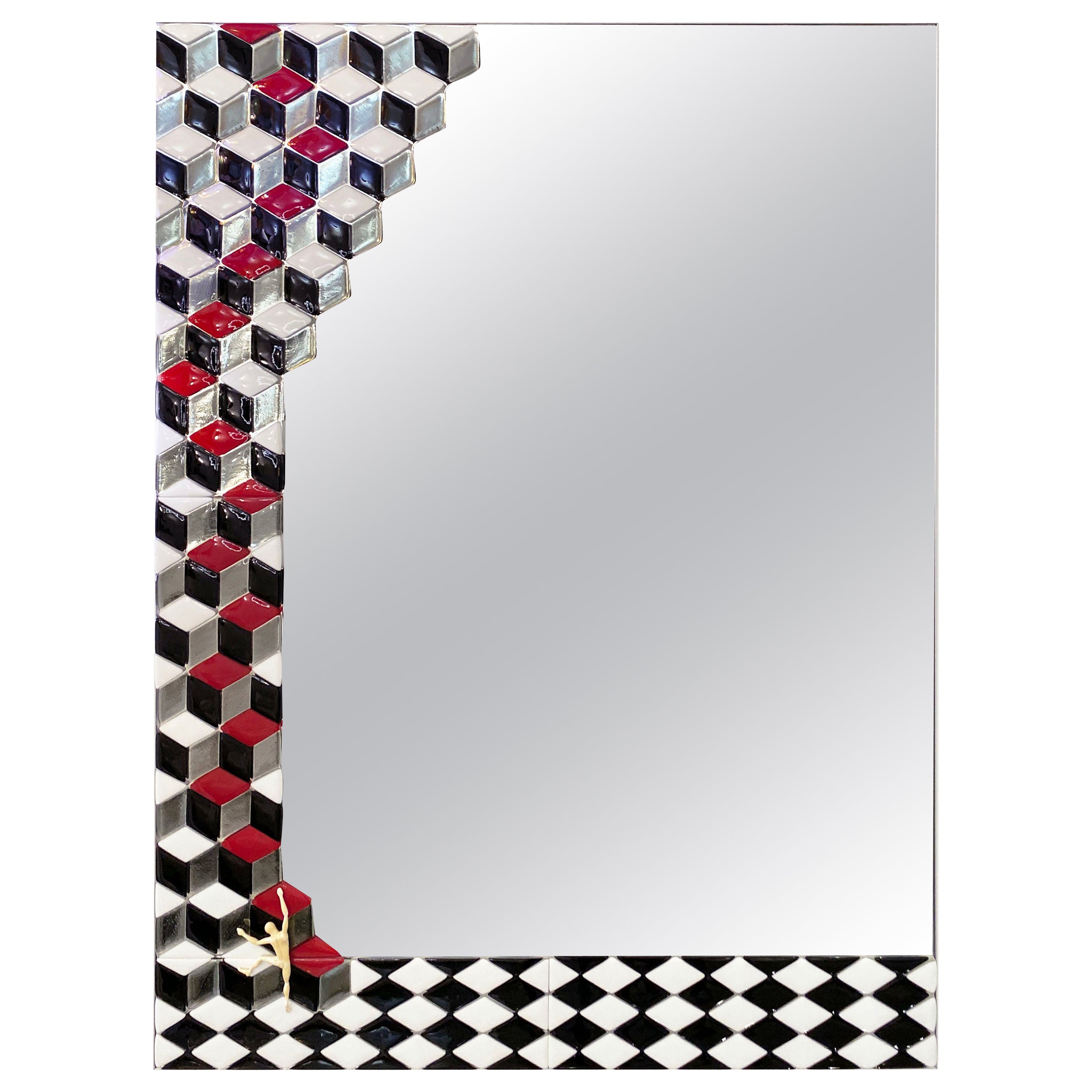 Bespoke Escher Inspired Italian Red Black White Smoked Murano Glass Satin Mirror For Sale