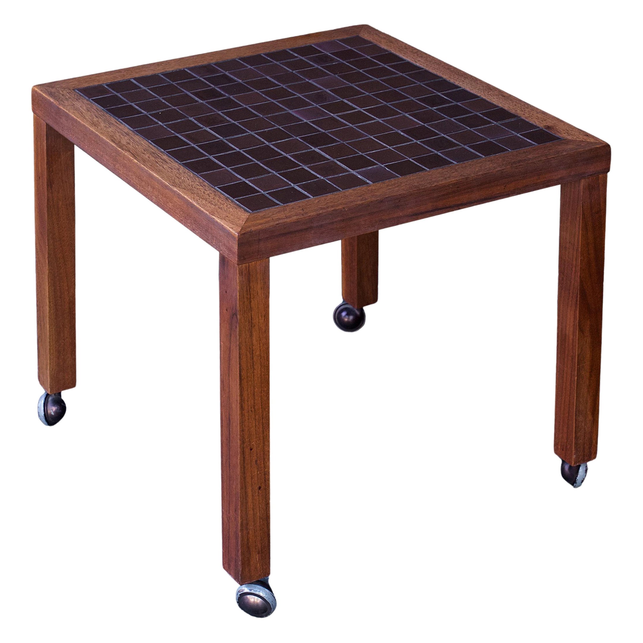1960s Cabin Modern Martz Table Walnut + Chocolate Ceramic Tile Plant Stand MCM For Sale
