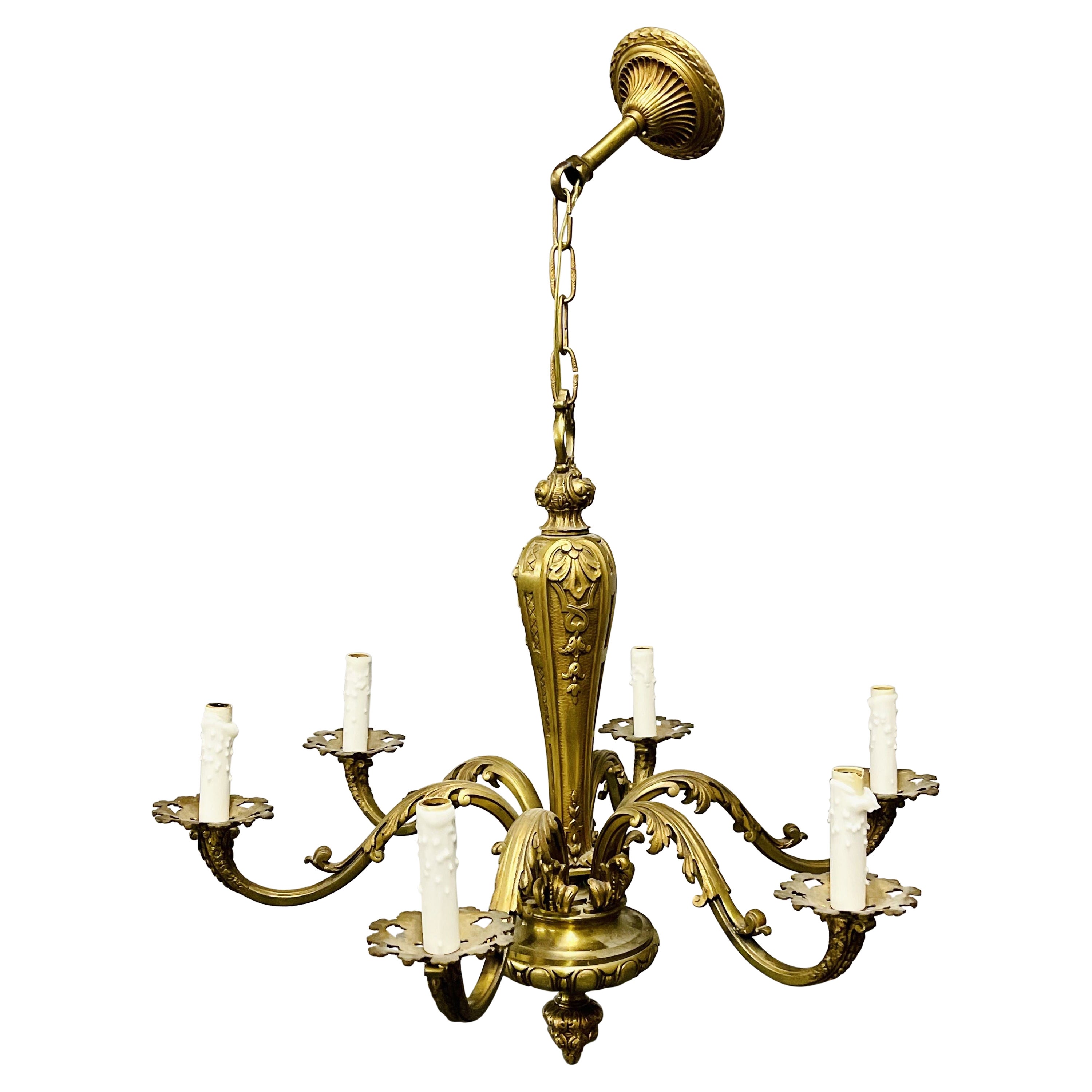 French Solid Bronze Six Light Chandelier, Canopy, Chain, Estate Item For Sale