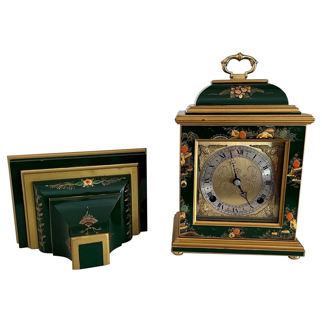 Green Chinoiserie Chiming Clock with Matching Wall Bracket, Elliott of London