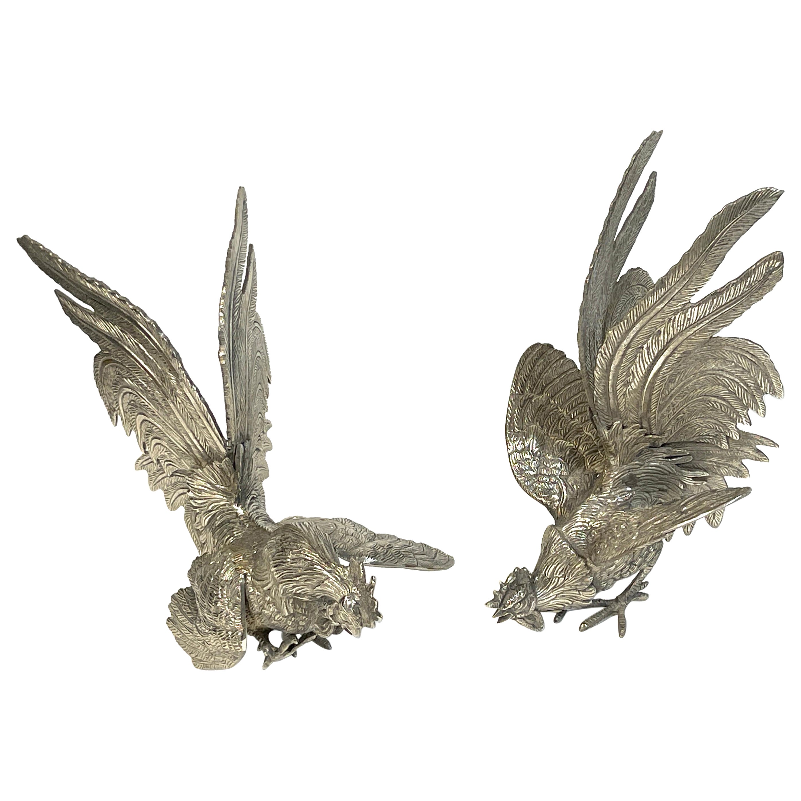 Pair of Italian Silverplated Rooster Table Ornaments 'Fighting Roosters' For Sale