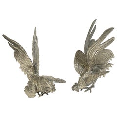 Pair of Italian Silverplated Rooster Table Ornaments 'Fighting Roosters'