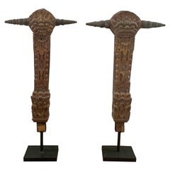 Pair Balinese Hindu Motif Carved Temple Ornaments on Stand, c. 1900