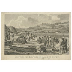 Old Engraving of French Visiting Tomari, a Village in Far East Russia, 1797