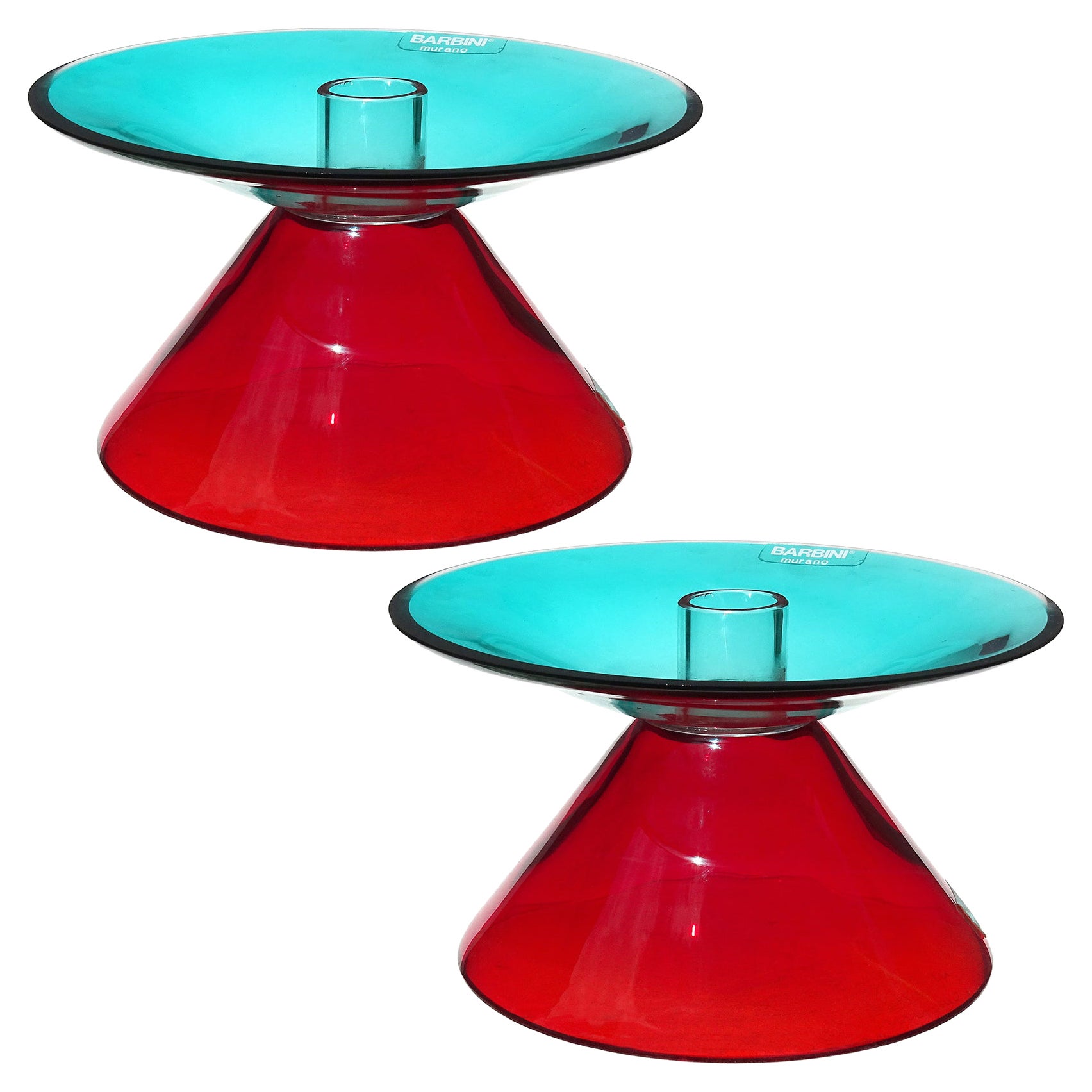 Barbini Murano Signature Aqua Red Italian Art Glass Hourglass Candle Holders For Sale