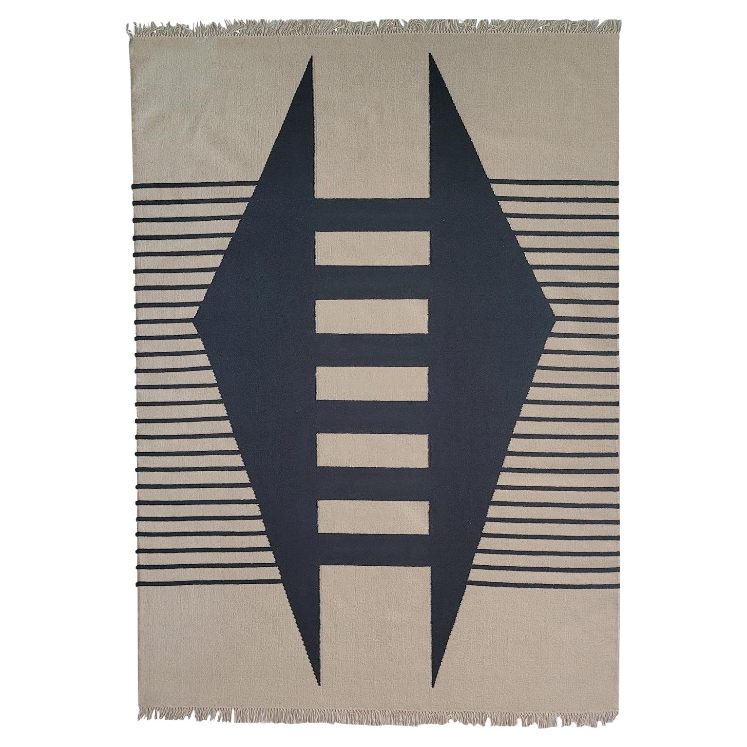 Dhurrie-Teppich - Wolle Modern Geometrisch Neutral Schwarz Grau Creme Beige Linien Streifen