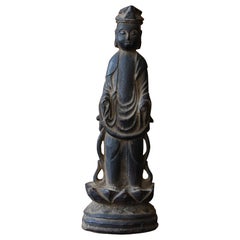 Japanese Small Antique Wood Carving Buddha / 1500s / Kannon Bodhisattva