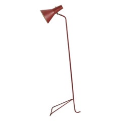Svend Aage Holm Sørensen, Floor Lamp, Red Lacquer Metal, Brass ASEA Sweden 1950s