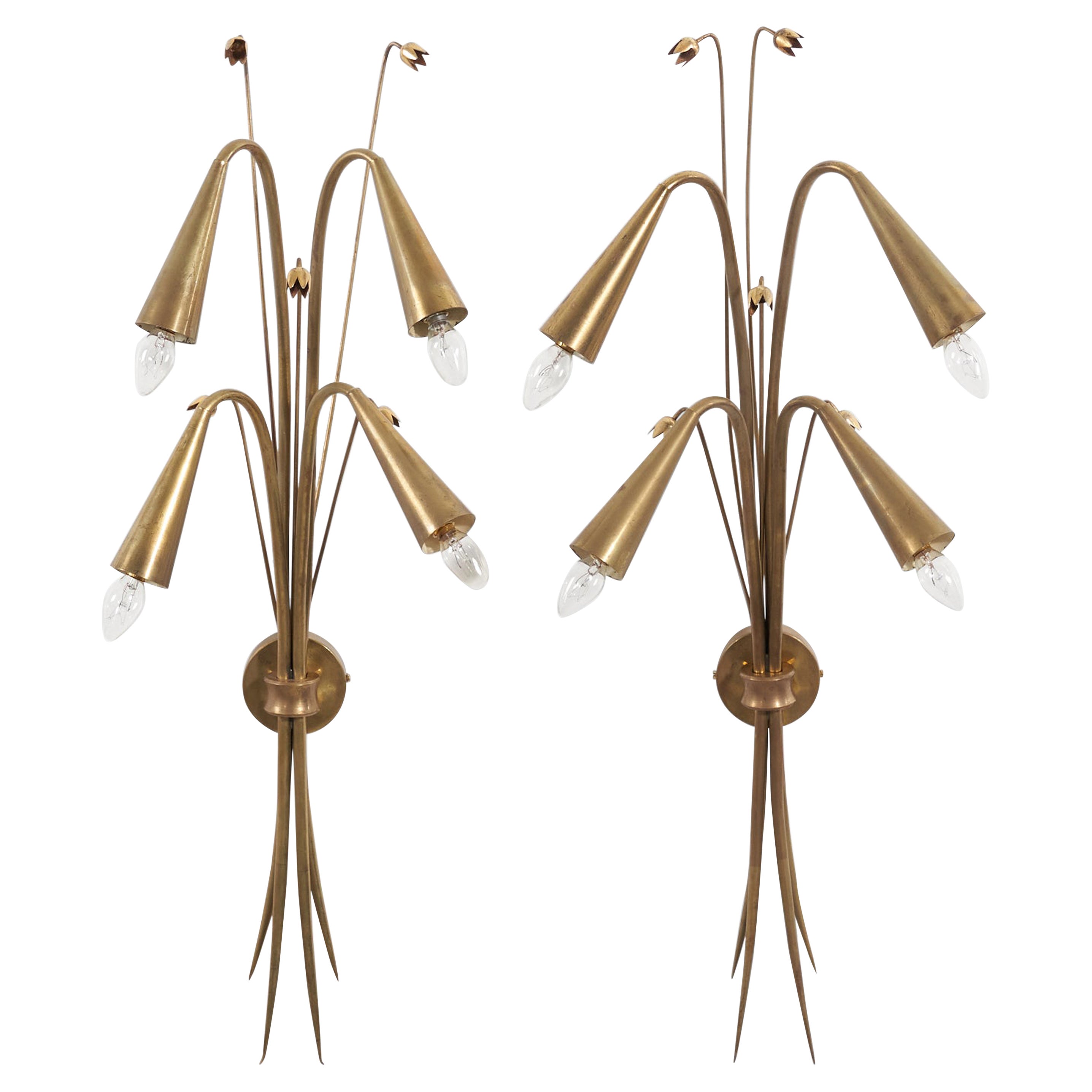 Italian Designer, Pair of Four-Armed Wall Lights, Brass, Italy, 1950s