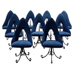 Set of Nine Swivel Dining Chairs by Antarenni Ny, Wrought Iron, Retro Vintage