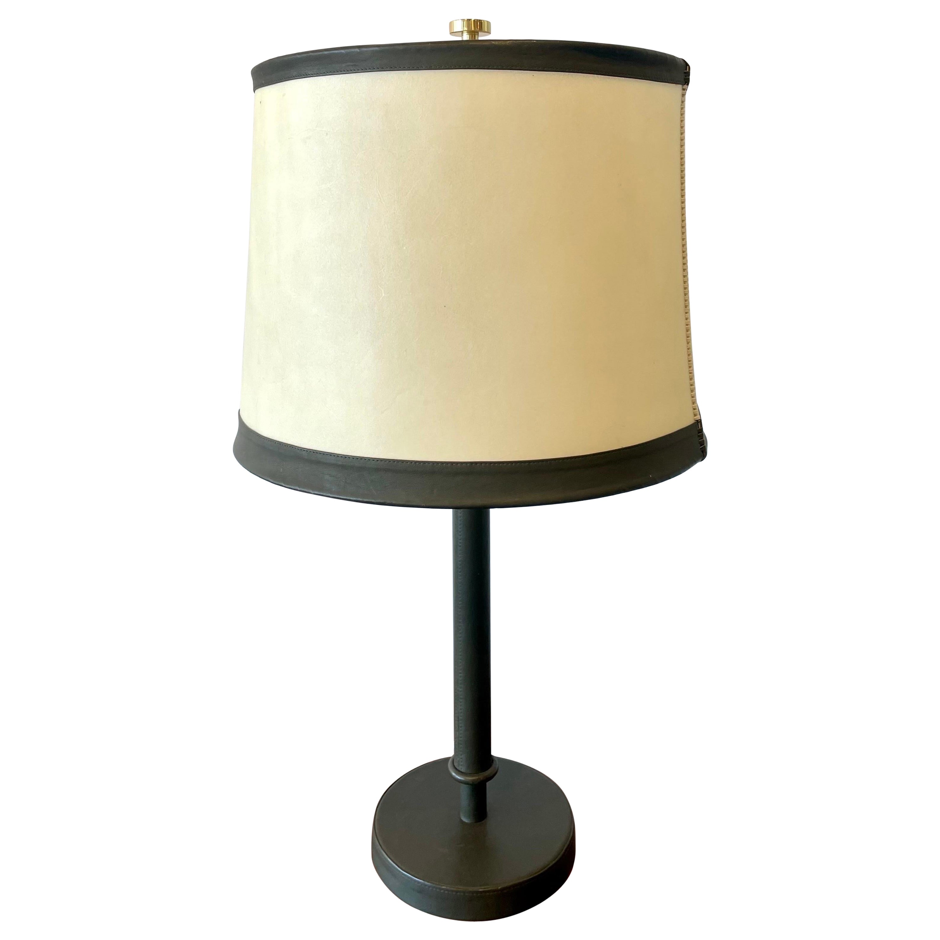 Adnet Style Vintage Green Leather and Parchment Shade Table Lamp
