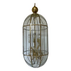 Vintage 1980's Monumental Brass Bound Beveled Glass Panel Lantern Chandelier