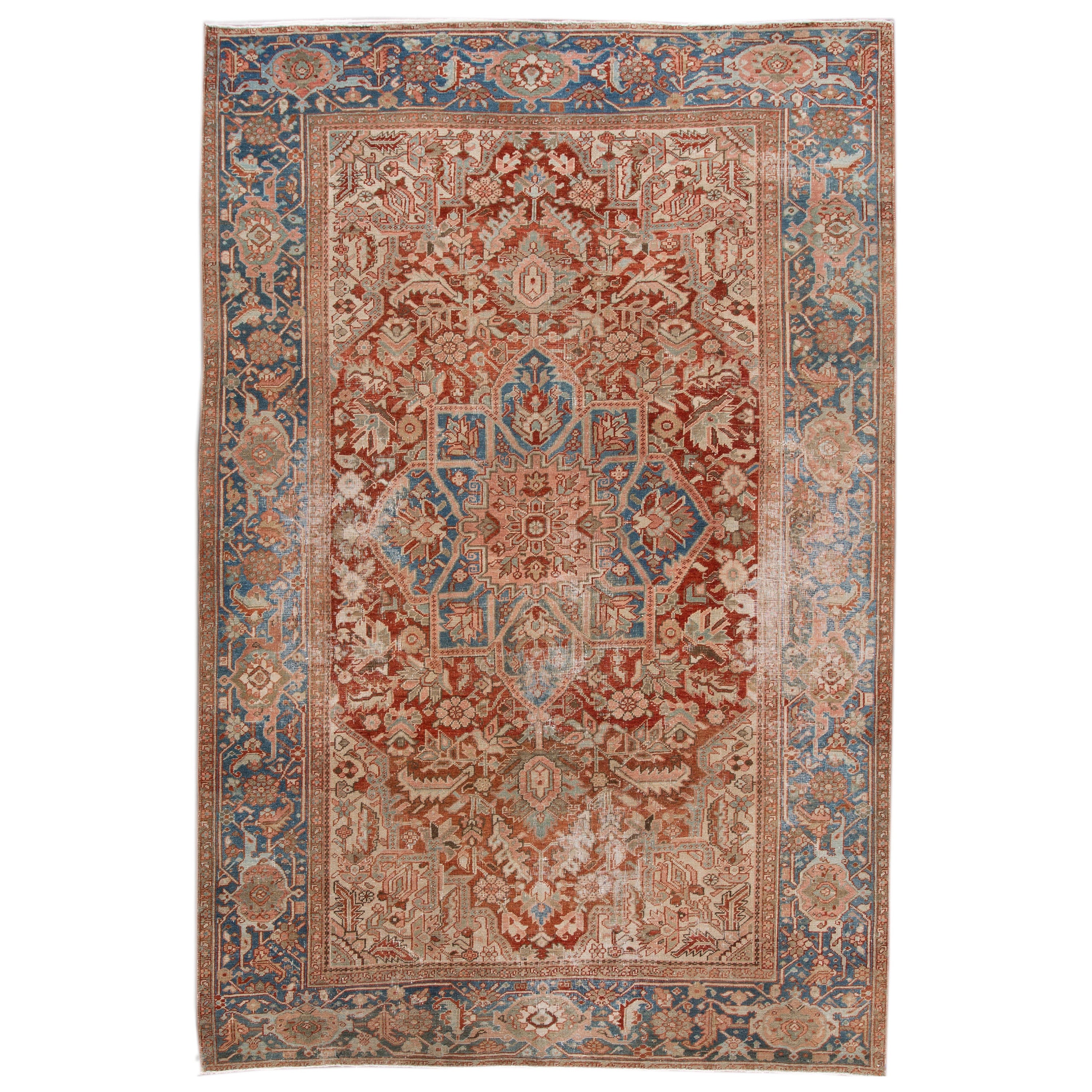 Antique Heriz Persian Handmade Rust Wool Rug with Medallion Design For Sale