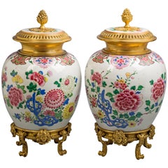 Pair of Bronze-Mounted Chinese Porcelain Covered Vases, circa 1800