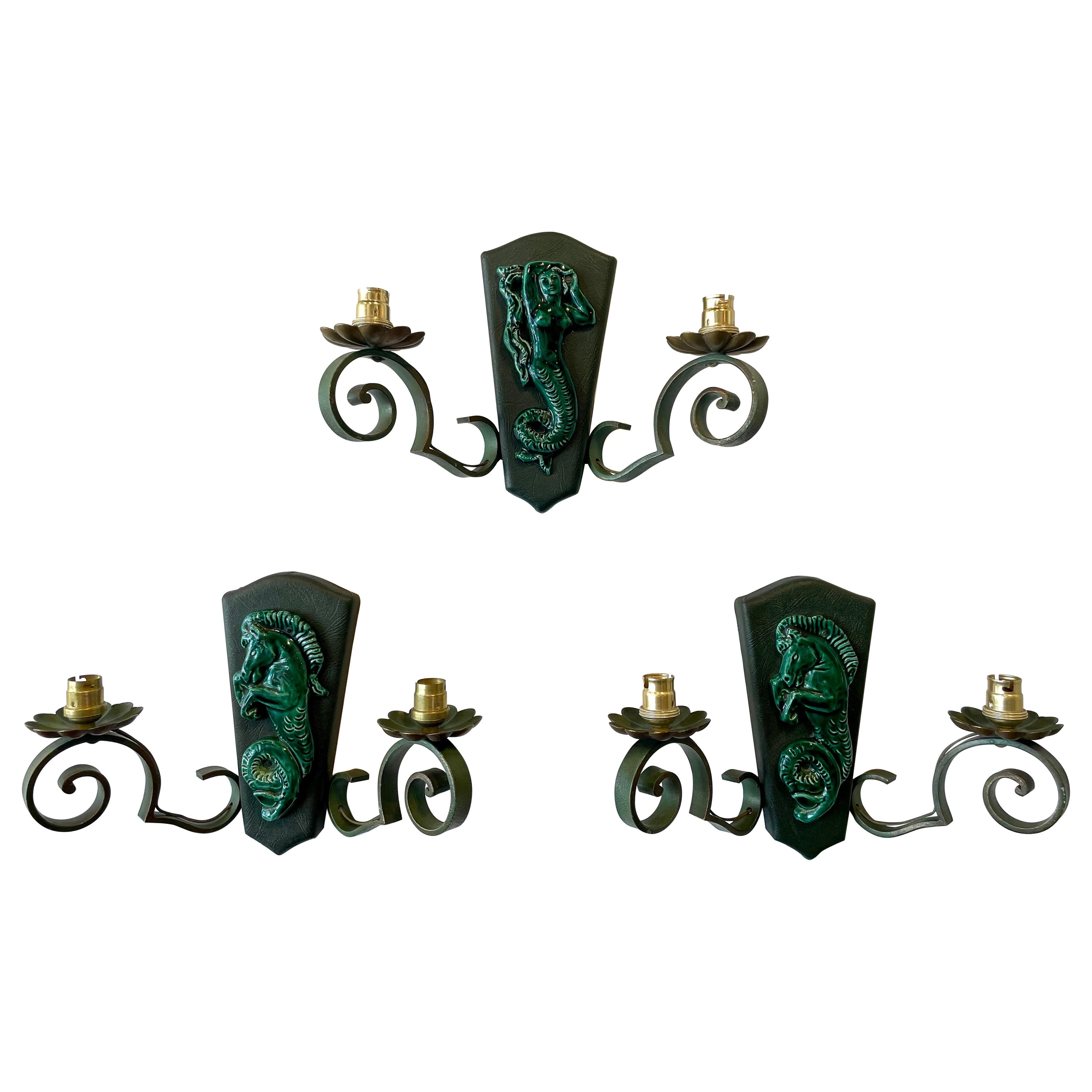 French Ceramic and Iron Trio of Wall Sconces For Sale