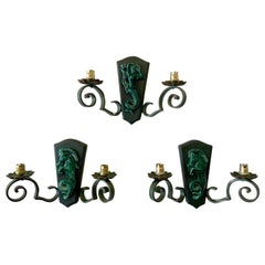 French Ceramic and Iron Trio of Wall Sconces