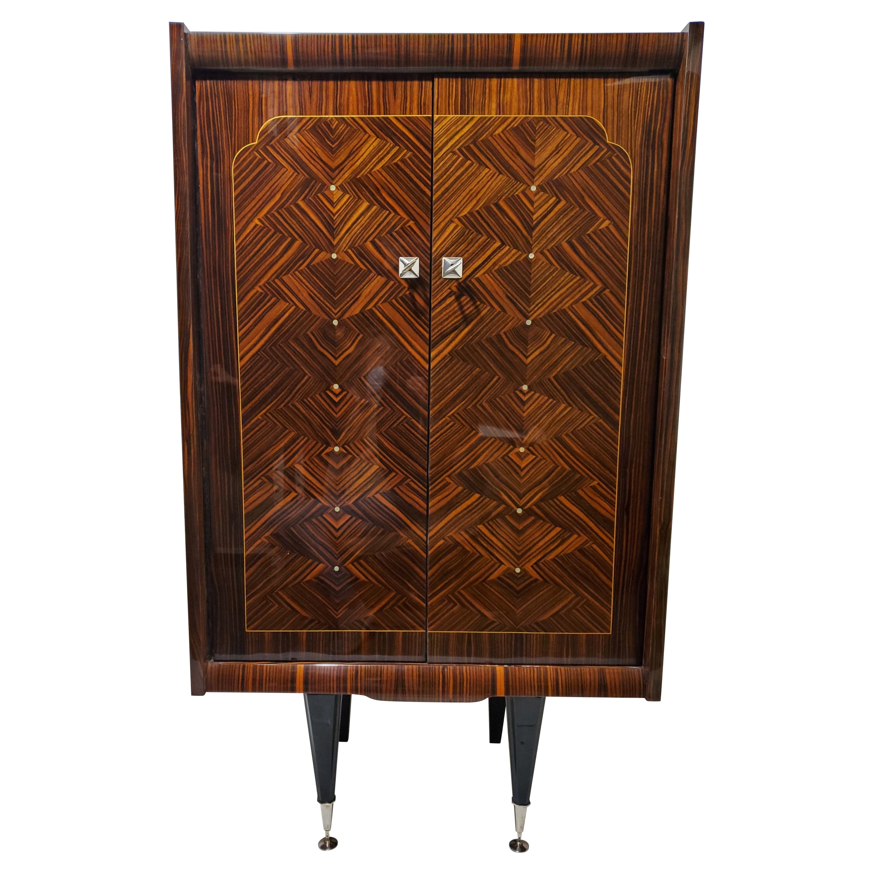 Tall and Narrow Original French Macassar Ebony Inlaid Cabinet For Sale