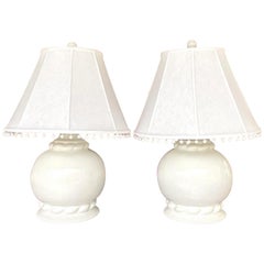 Vintage Boho Glazed Terracotta Lamps With Pom Pom Shades, a Pair