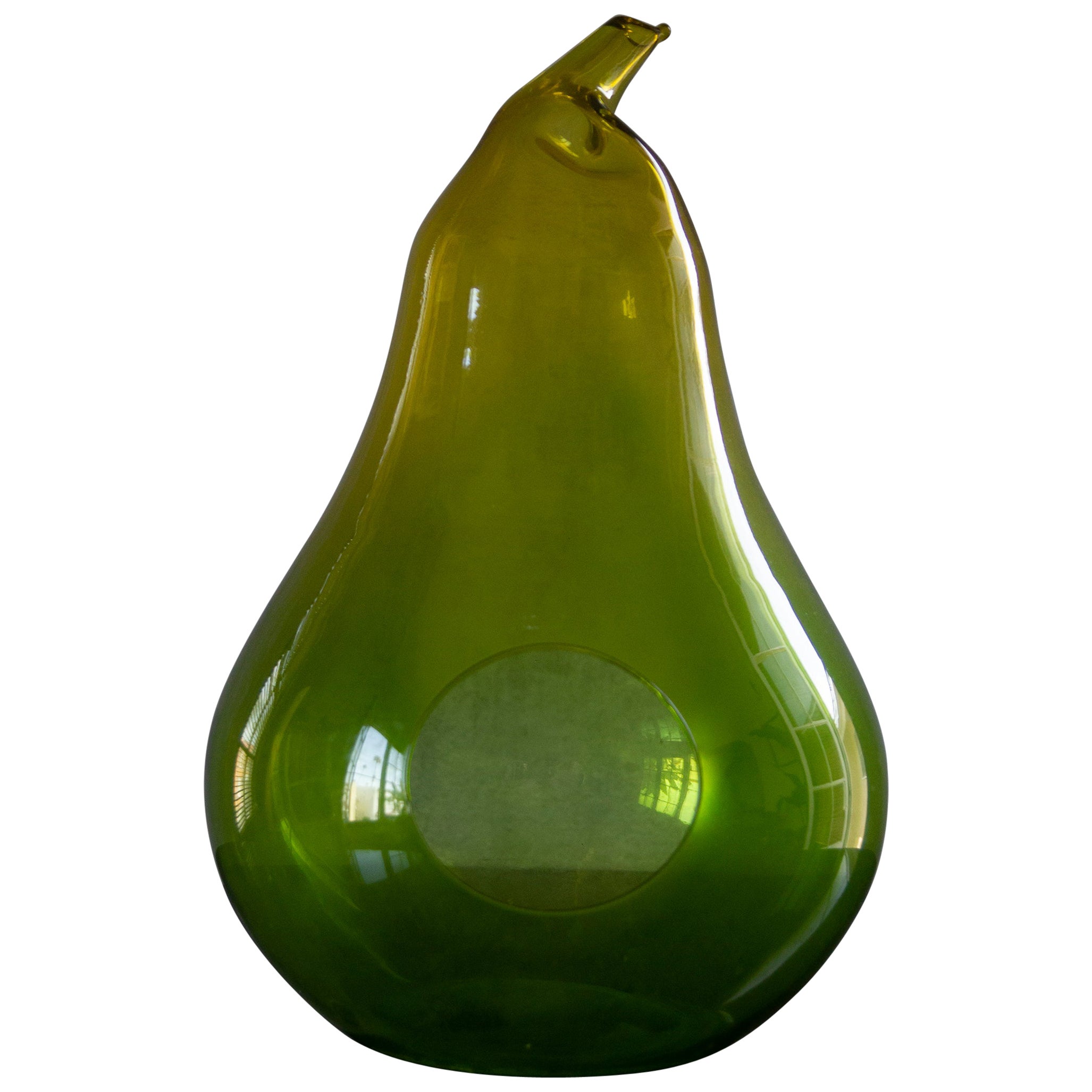 Vintage Blenko Hand Blown Glass Green Pear with Gold Stem