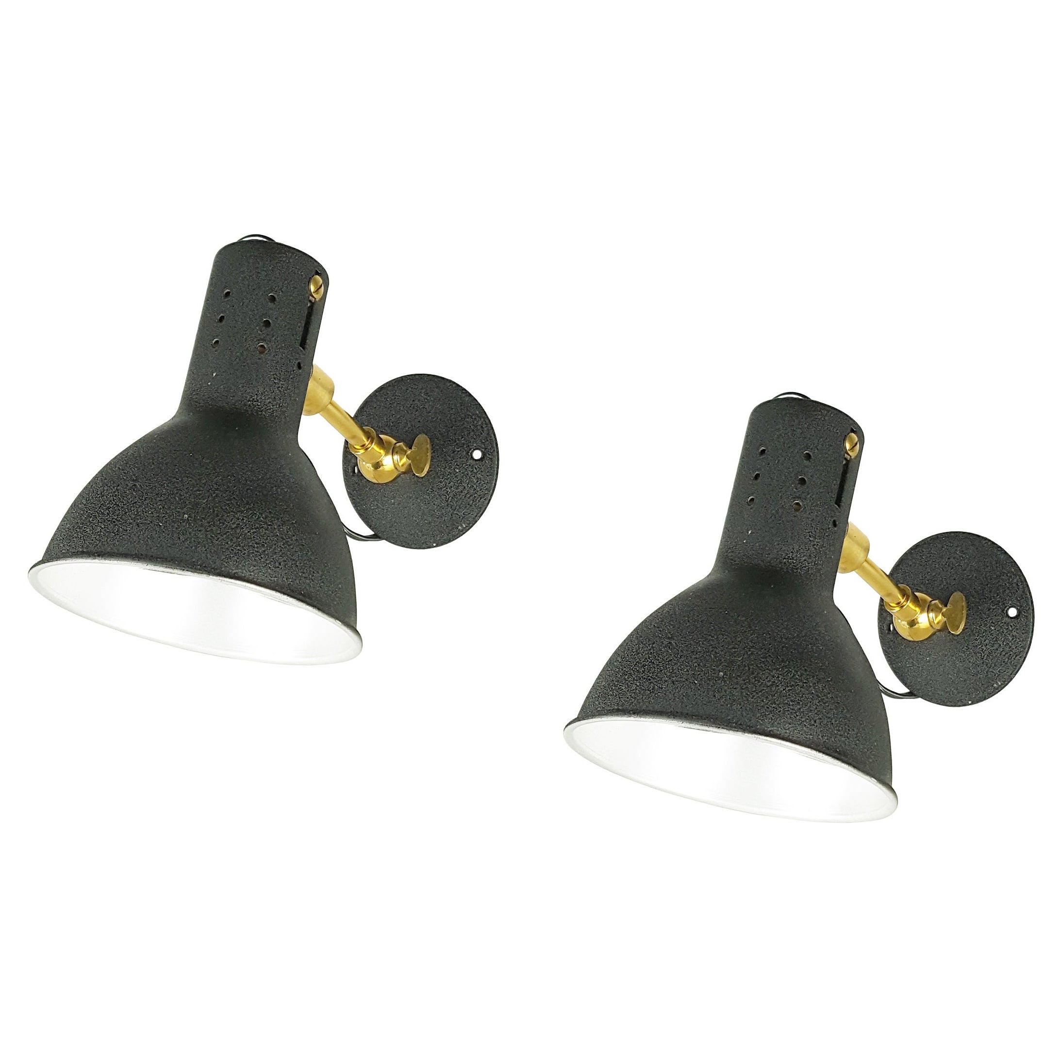 Black Painted Aluminum & Brass Mid-Century Adjustable Wall Lamps