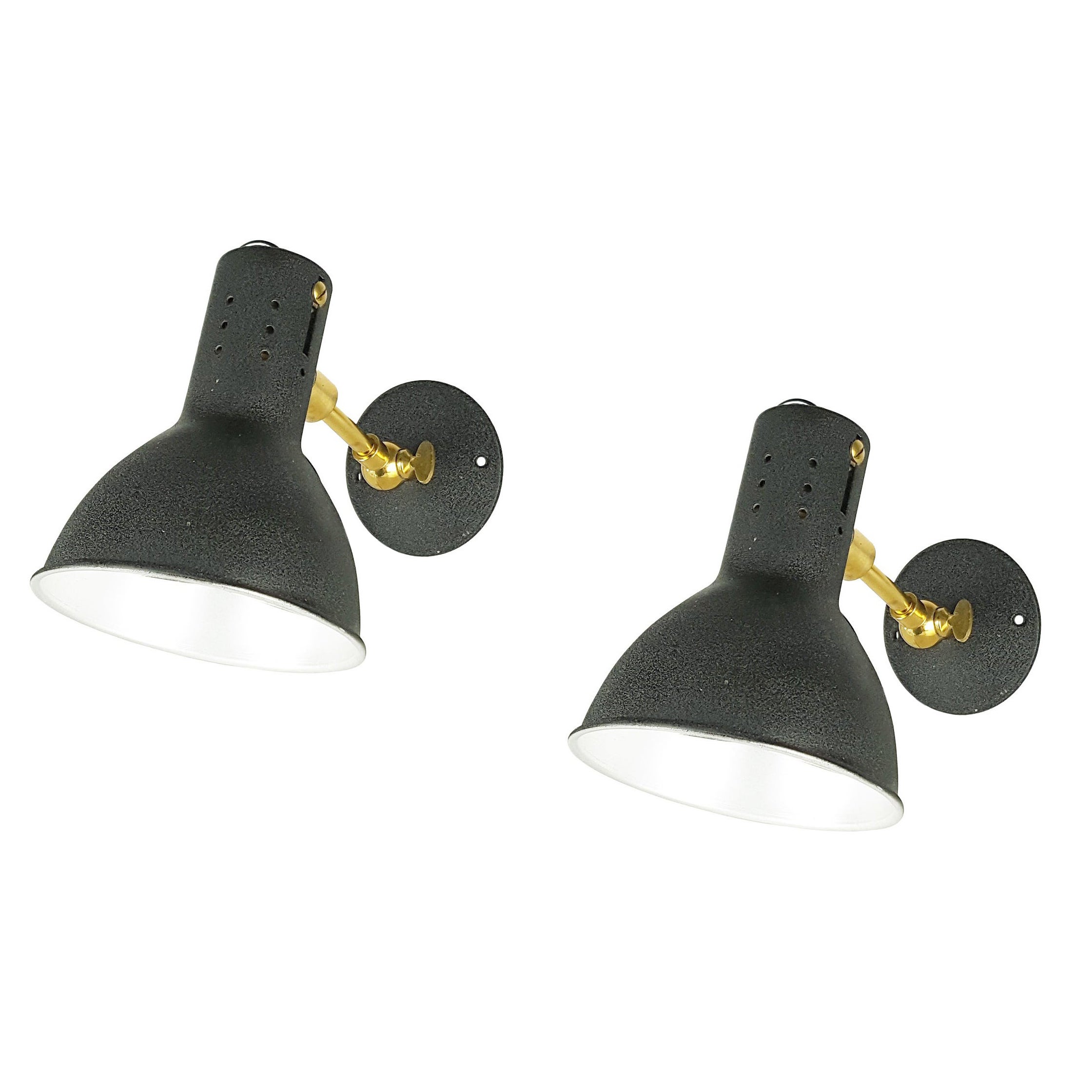 Black Painted Aluminum & Brass Mid-Century Adjustable Wall Lamps