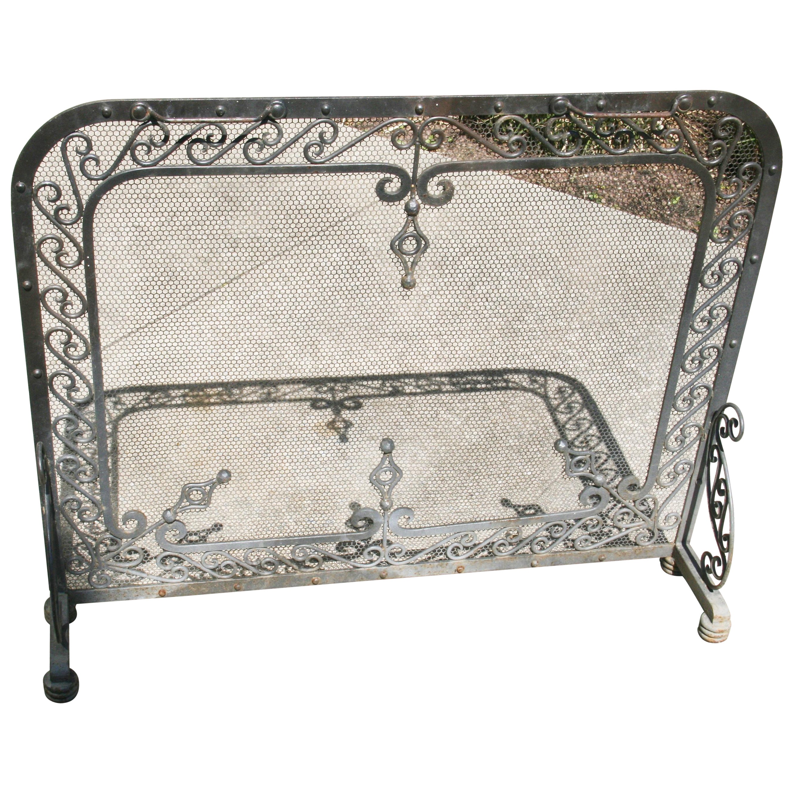 Antique French Iron Hand Forged Fireplace Screen 1920's For Sale