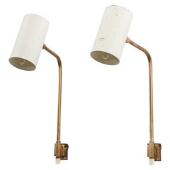 OMI, Pair of Adjustable Wall Lights, Brass, White Lacquered Metal, Sweden, 1960s