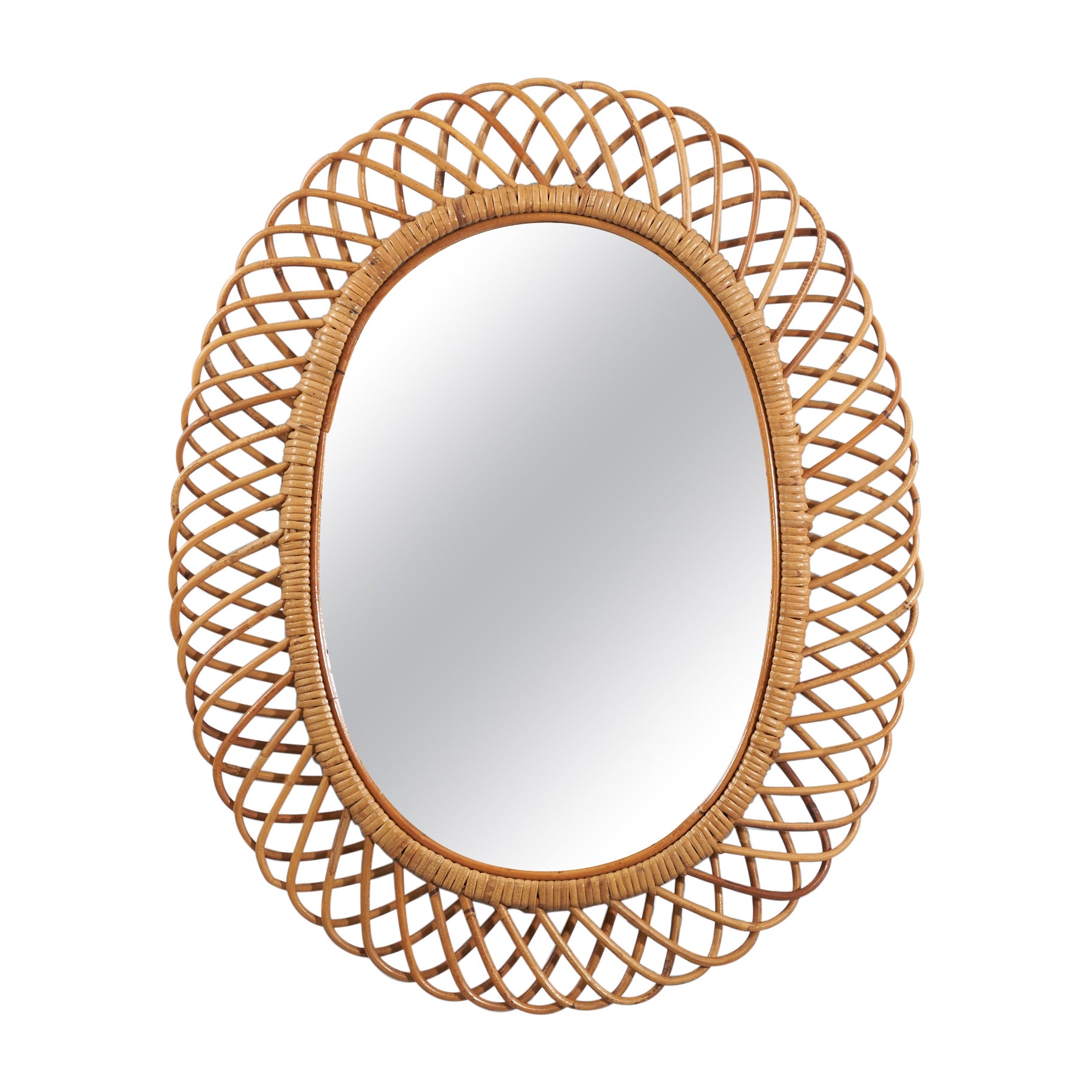 Italian Designer, Wall Mirror, Rattan, Bamboo, Italy, 1950s For Sale