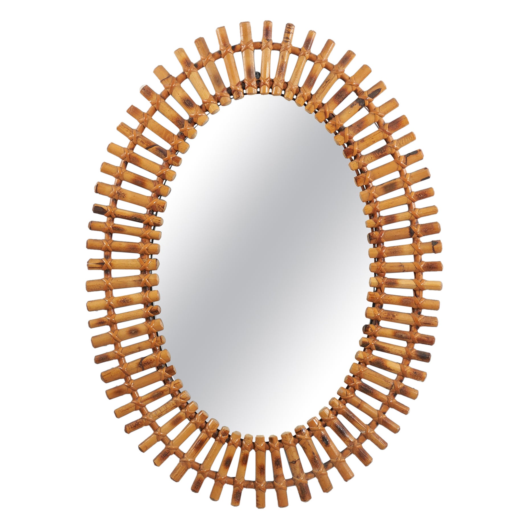 Italian Designer, Wall Mirror, Rattan, Bamboo, Italy, 1950s For Sale