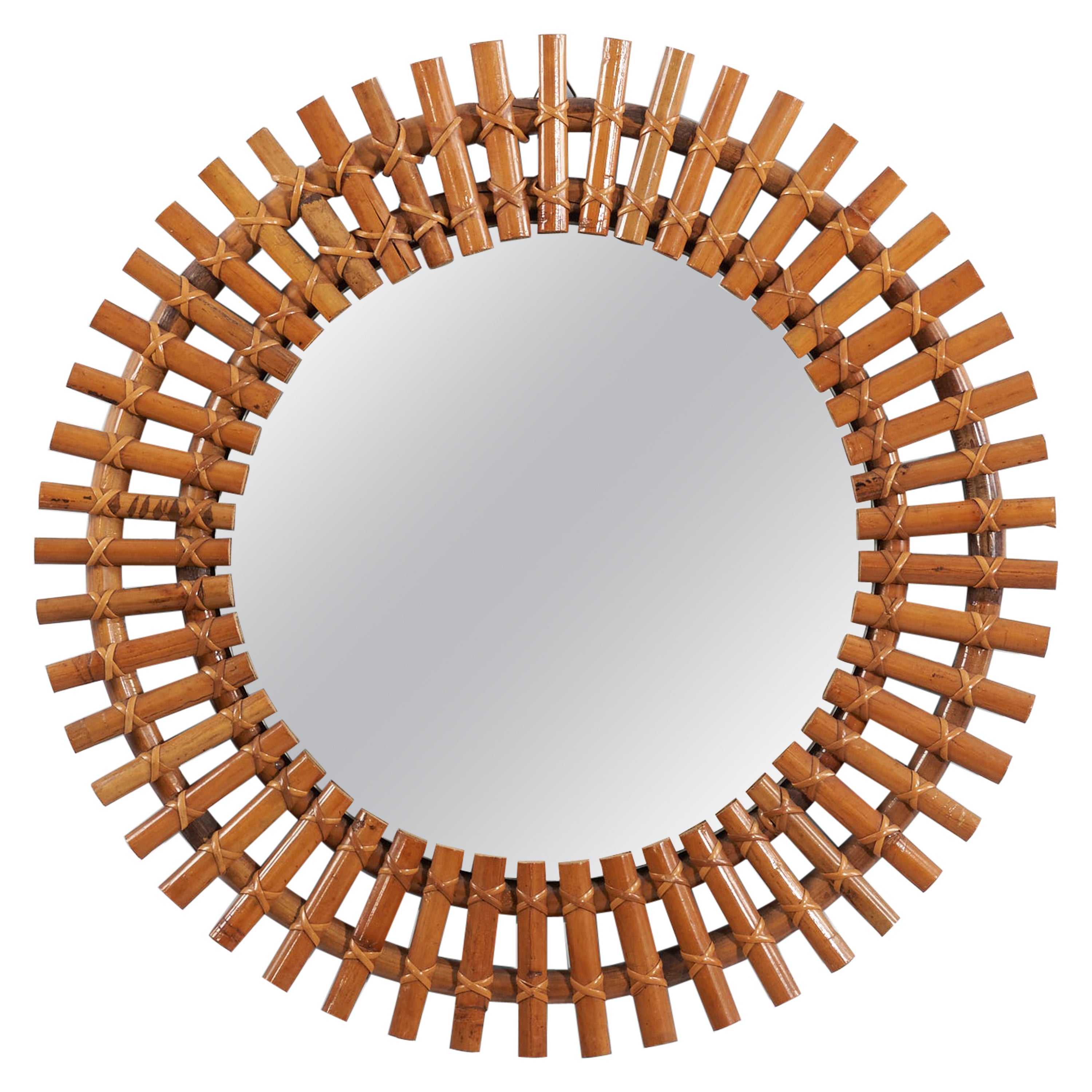 Italian Designer, Wall Mirror, Rattan, Bamboo, Italy, 1950s For Sale