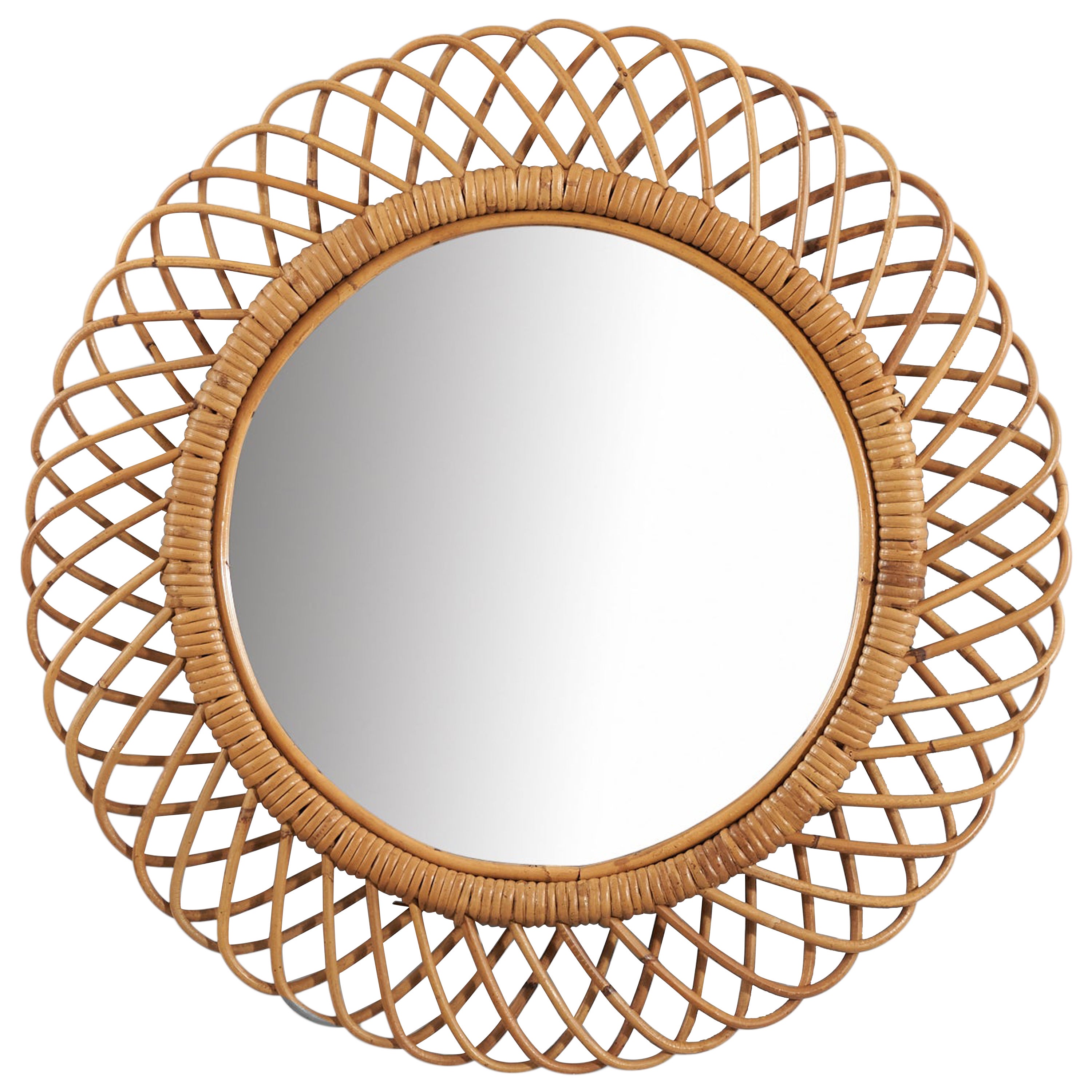 Italian Designer, Wall Mirror, Rattan, Bamboo, Italy, 1950s