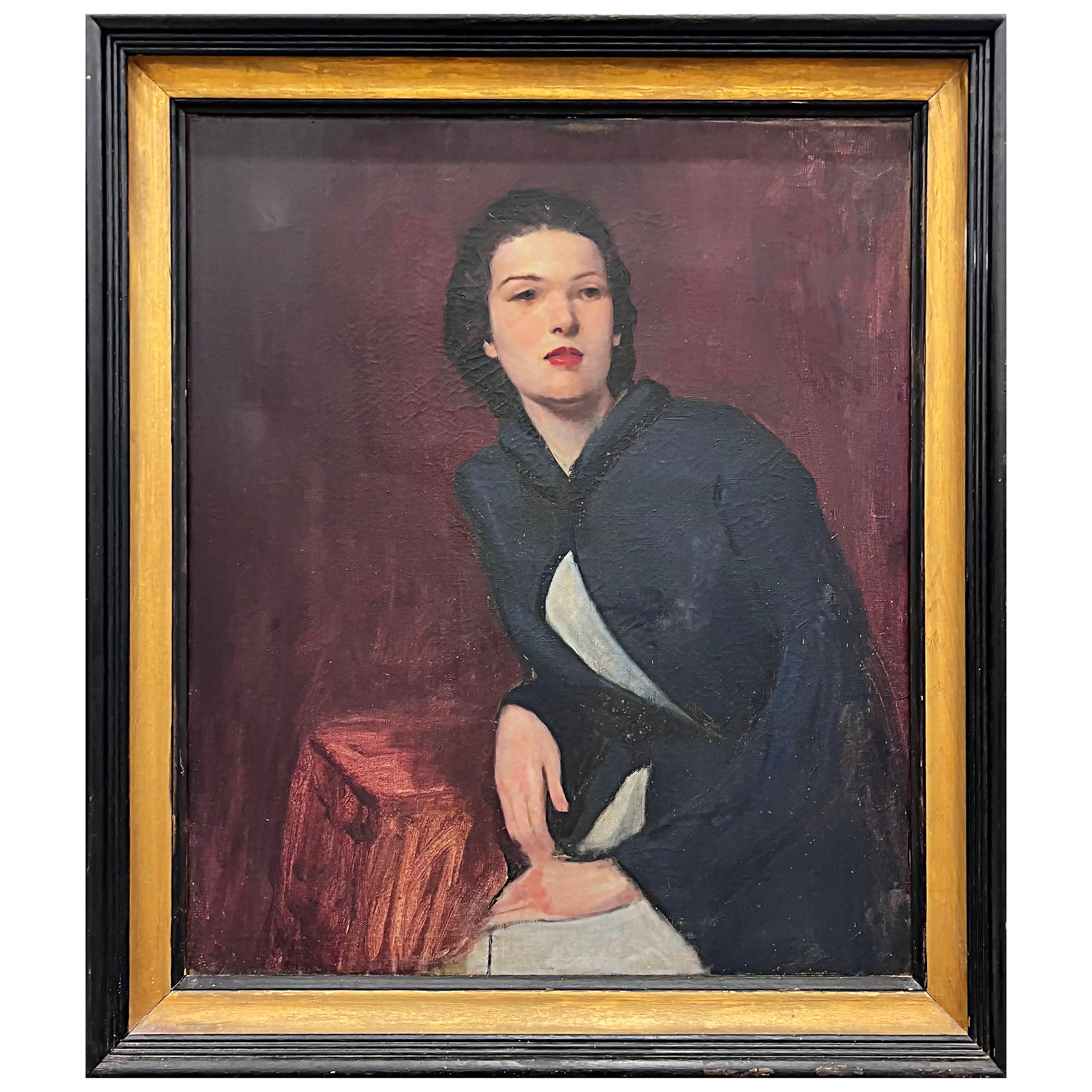 Vintage 1940s Oil Painting Portrait of a Seated Woman Framed and Signed